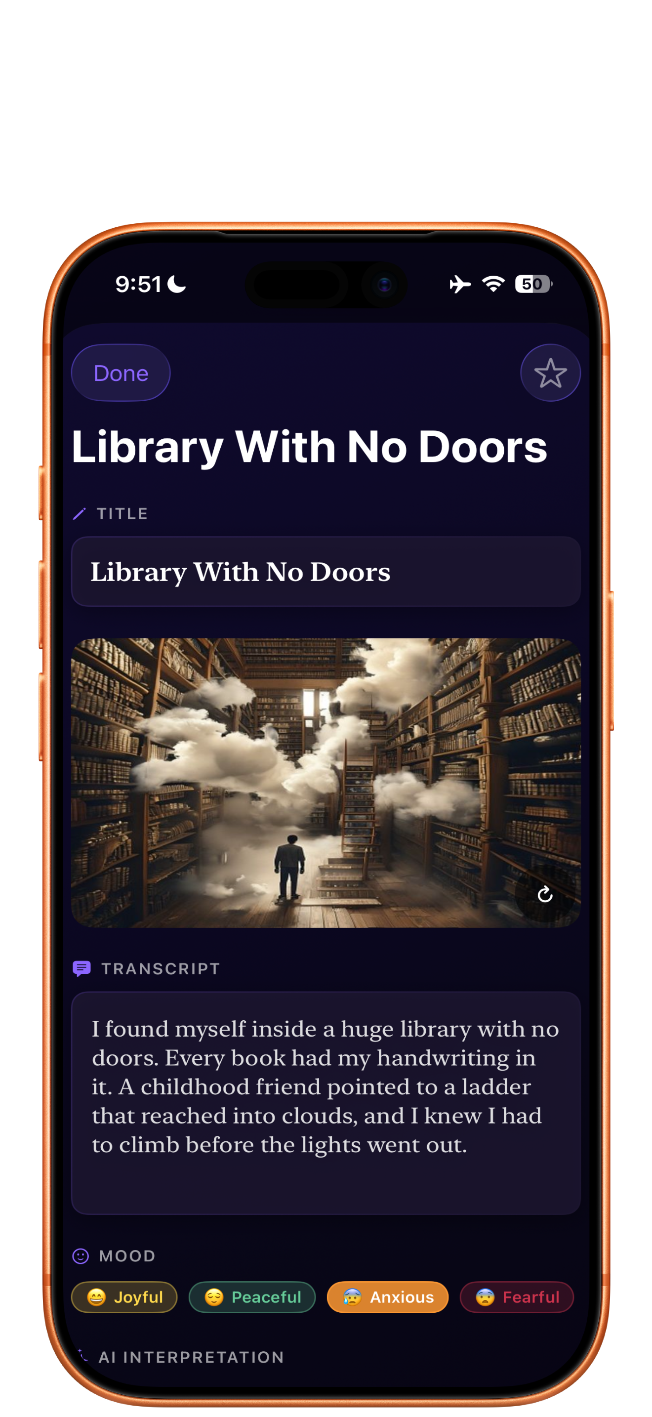 Dream detail screen with illustration and transcript