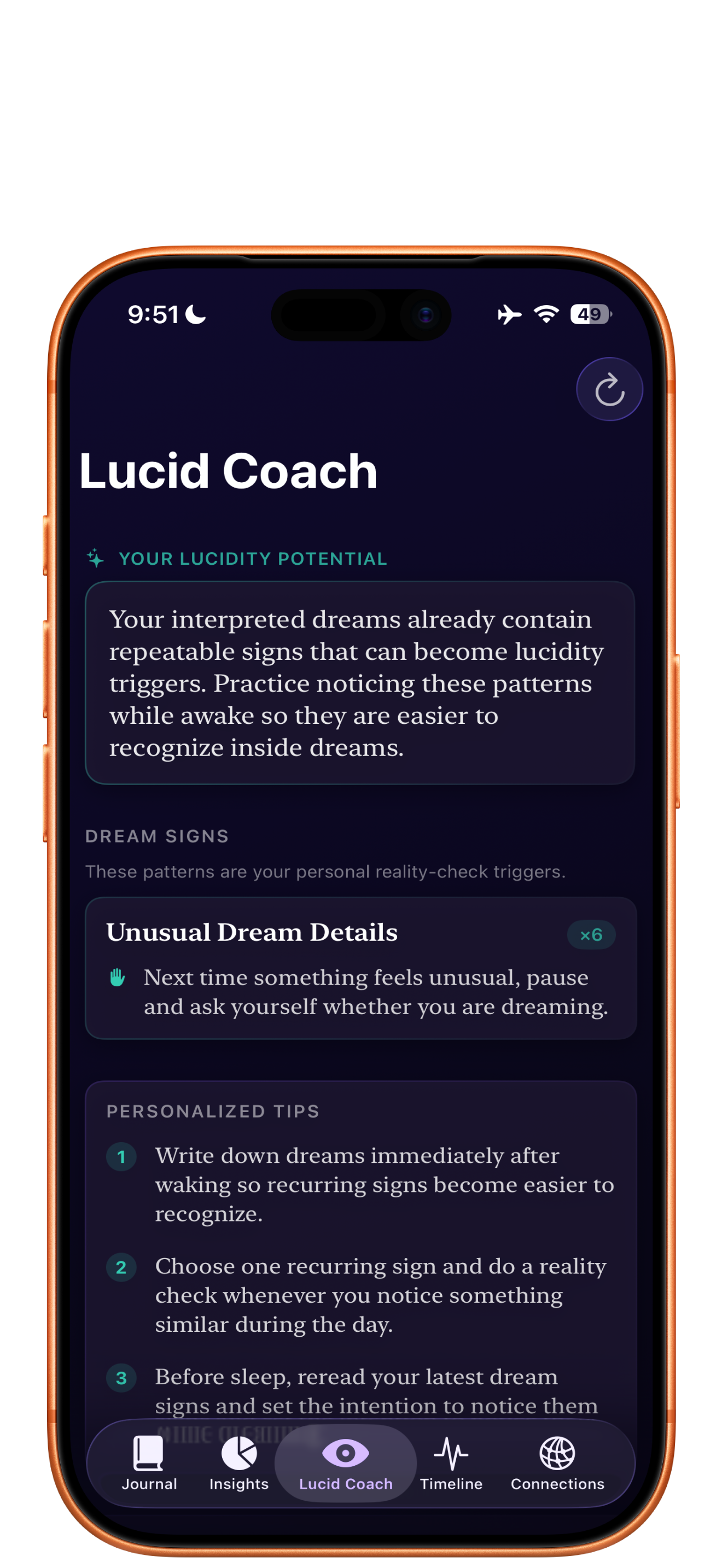 Lucid coach screen with dream signs and tips